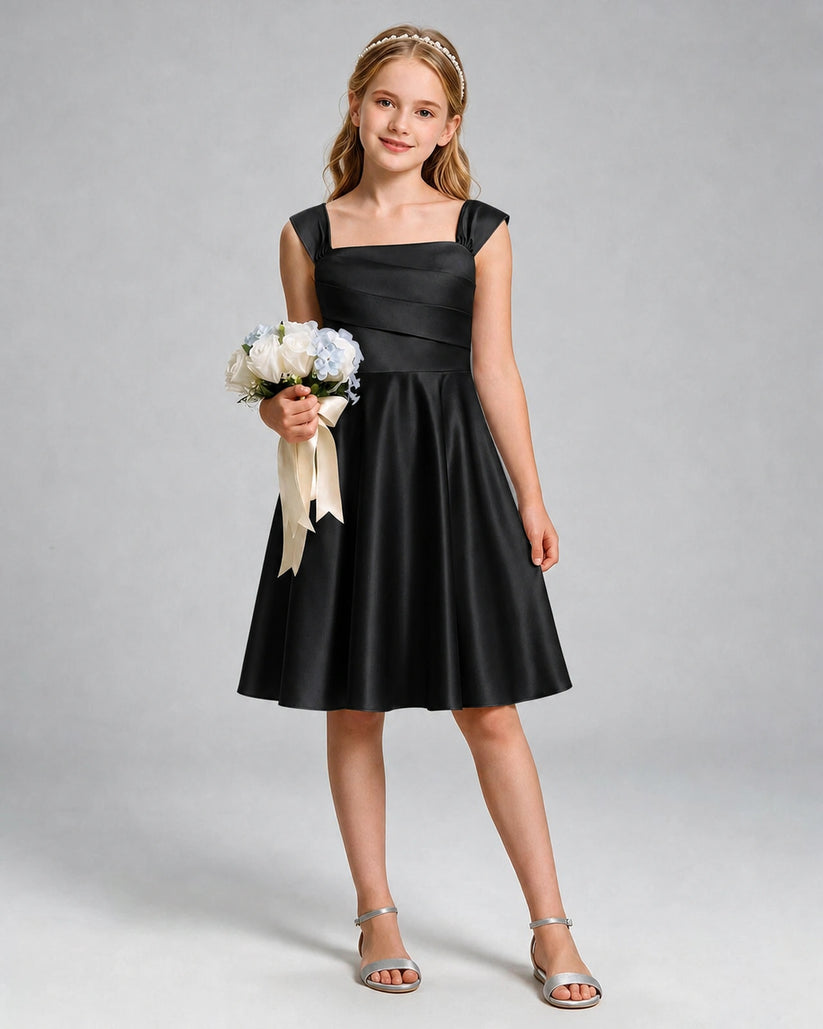 Black Satin A-line Girls Formal Dress Front View