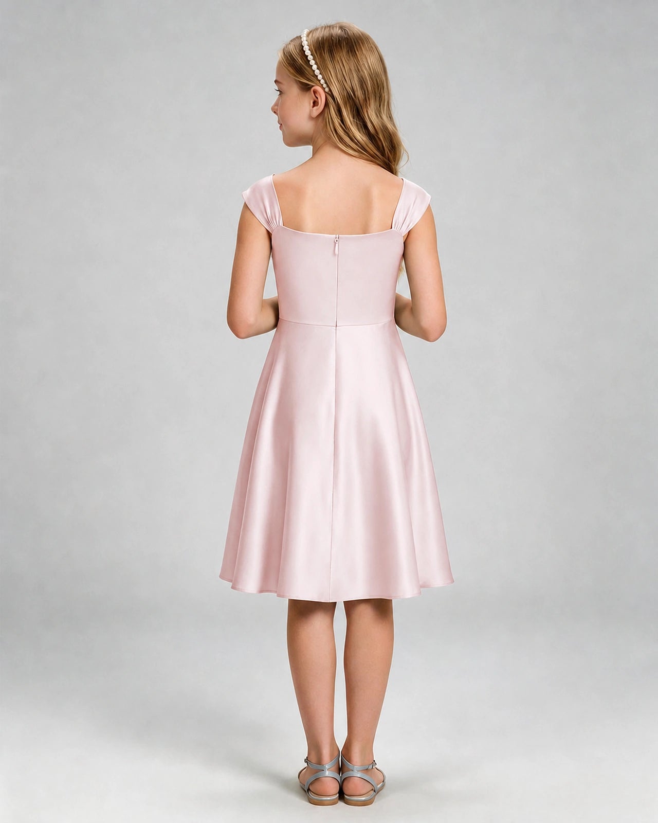 Blush Pink Junior Bridesmaid Dress Cap Sleeve Diagonal Ruched Satin A-Line Knee-Length Gown Back Full View