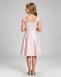 Blush Pink Junior Bridesmaid Dress Cap Sleeve Diagonal Ruched Satin A-Line Knee-Length Gown Back Full View