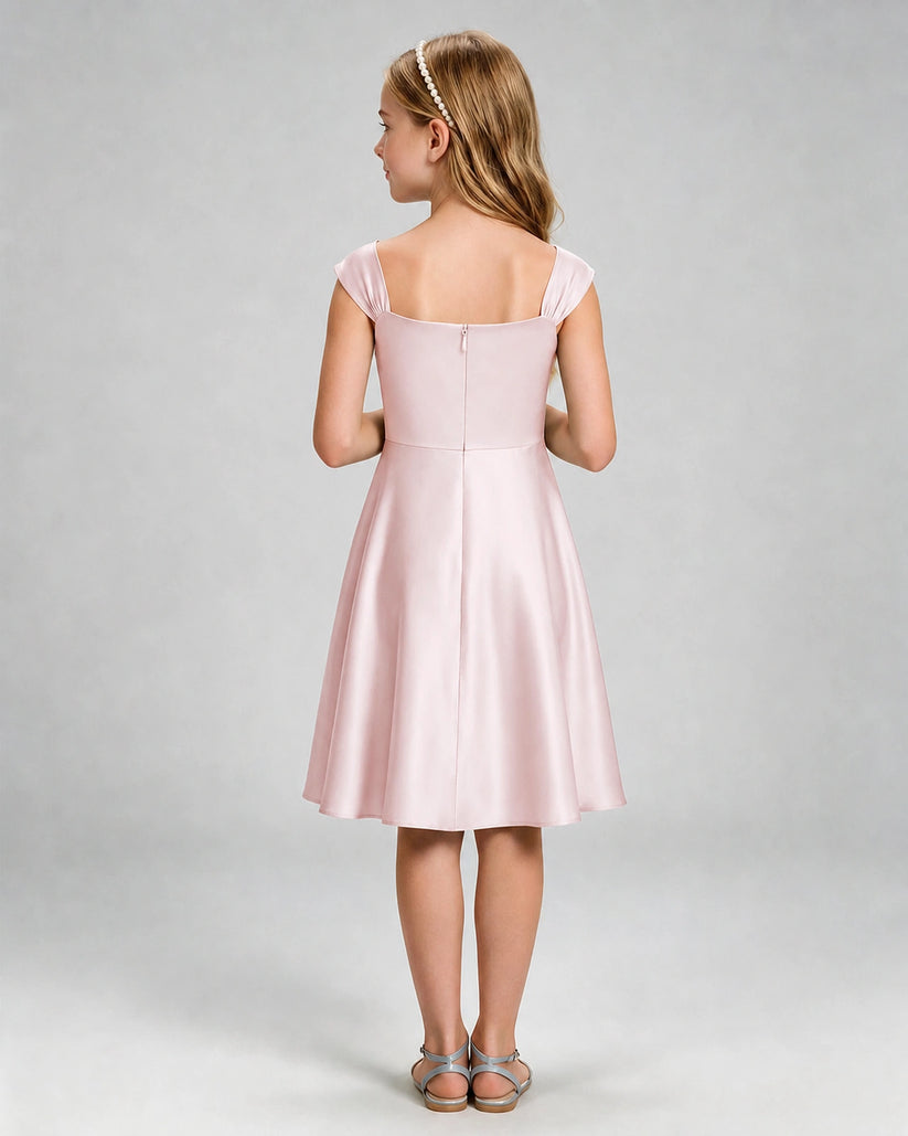 Blush Pink Satin A-line Girls Formal Dress Back View