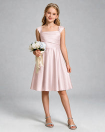 Blush Pink Junior Bridesmaid Dress Cap Sleeve Diagonal Ruched Satin A-Line Knee-Length Gown Front Full View