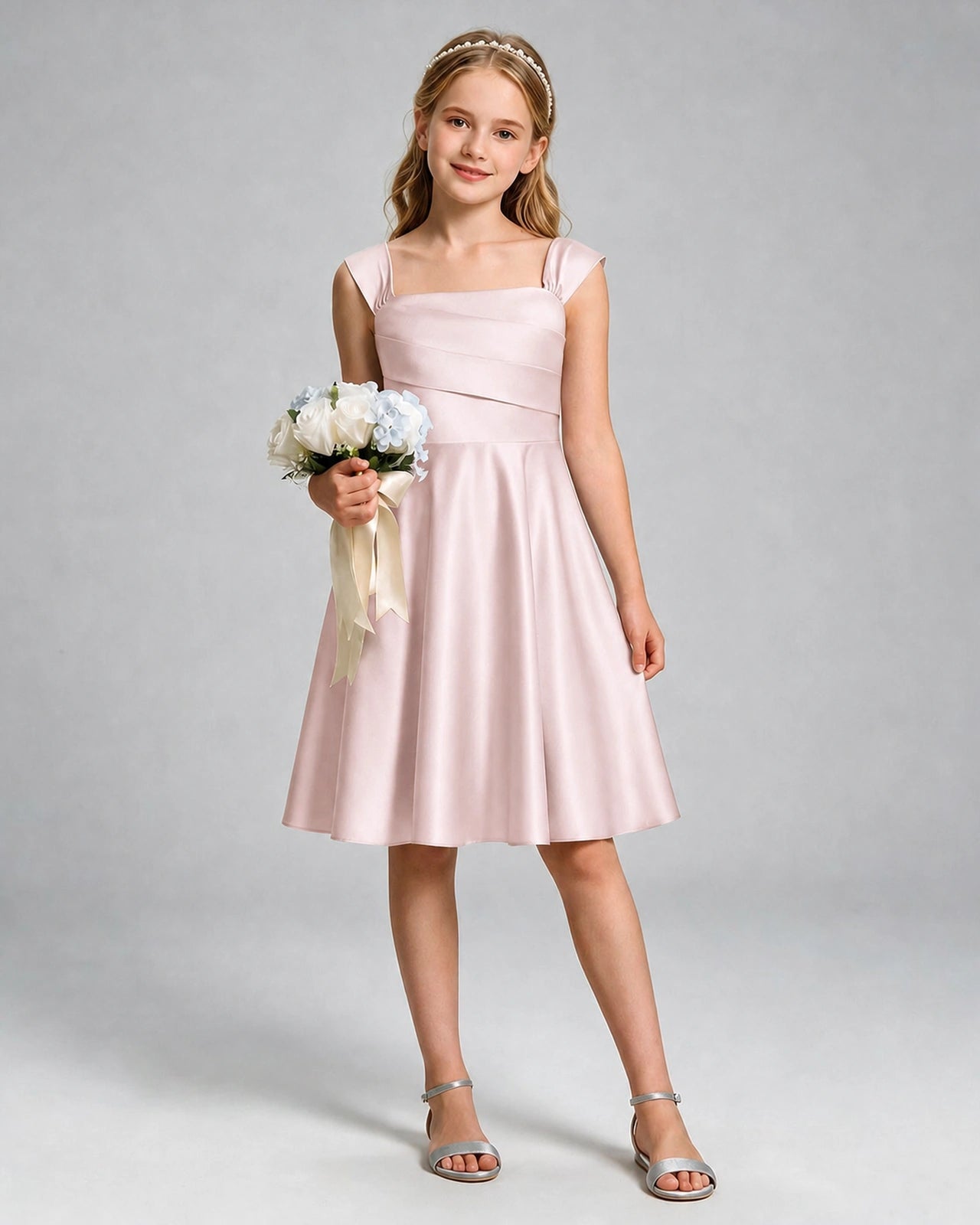 Blush Pink Junior Bridesmaid Dress Cap Sleeve Diagonal Ruched Satin A-Line Knee-Length Gown Front Full View