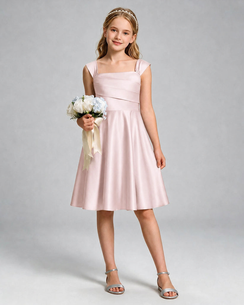 Blush Pink Satin A-line Girls Formal Dress Front View