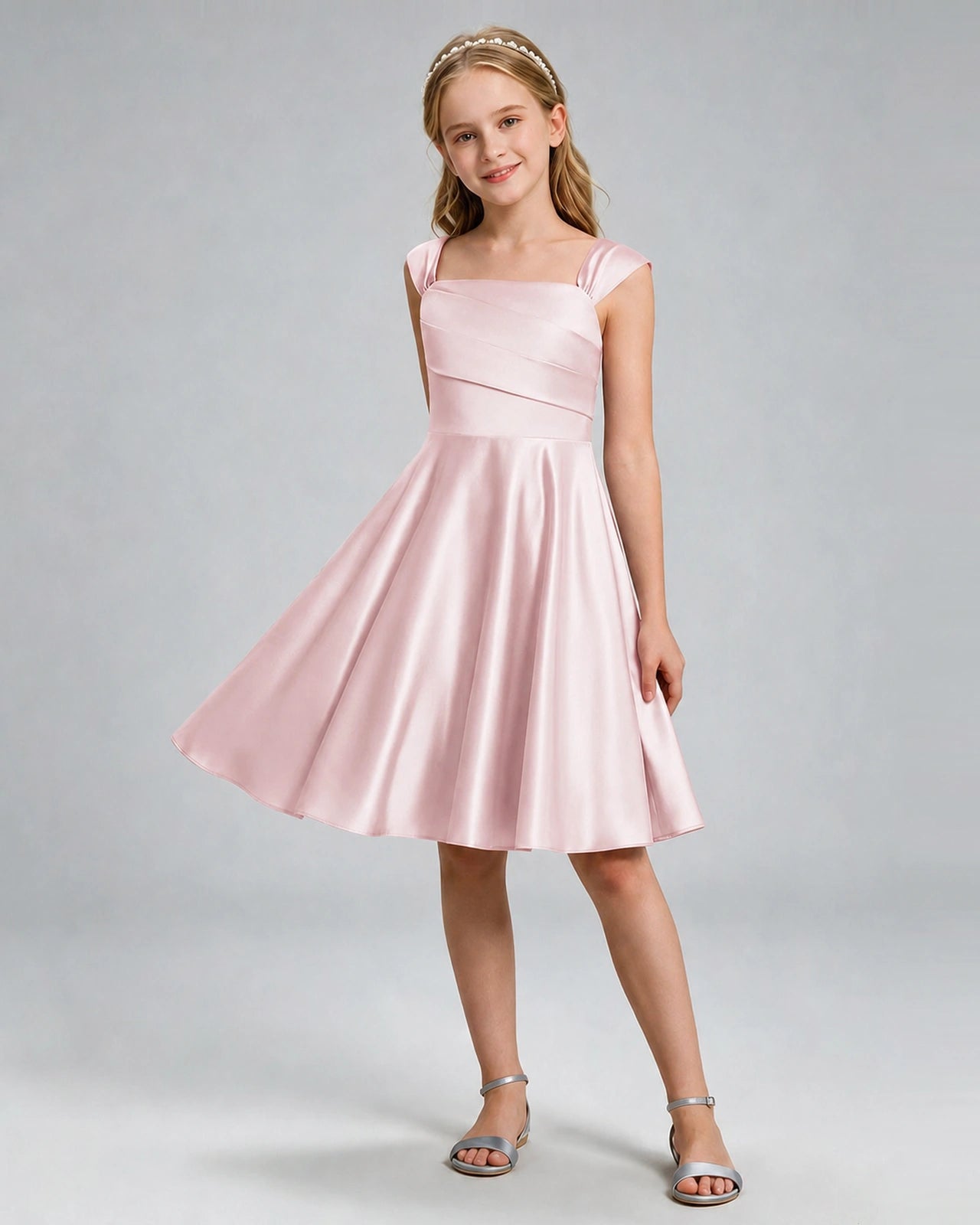 Blush Pink Junior Bridesmaid Dress Cap Sleeve Diagonal Ruched Satin A-Line Knee-Length Gown Front Full View
