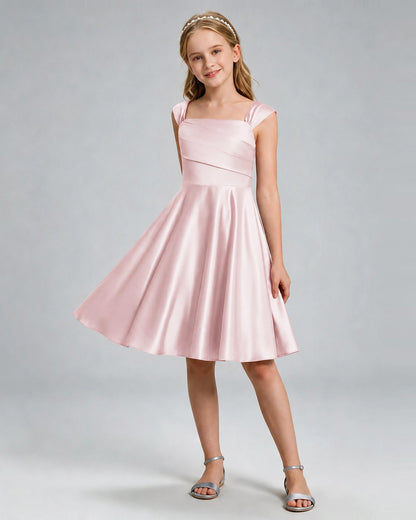 Blush Pink Junior Bridesmaid Dress Cap Sleeve Diagonal Ruched Satin A-Line Knee-Length Gown Front Full View