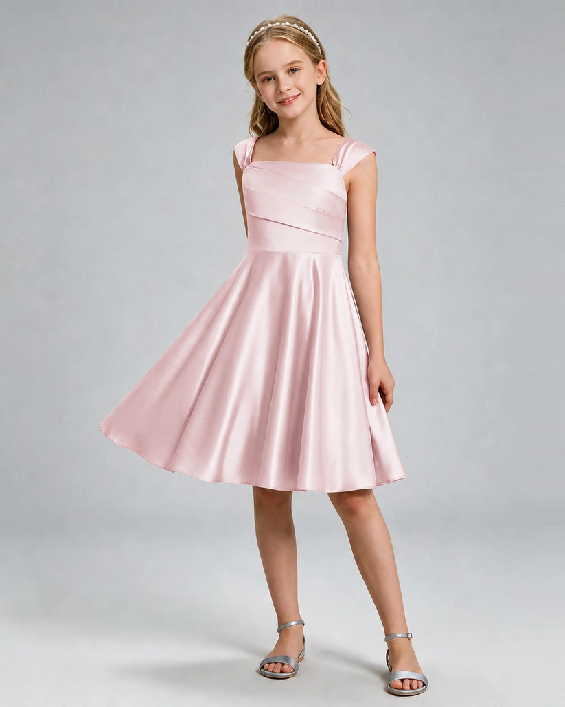 Blush Pink Satin A-line Girls Formal Dress Front View