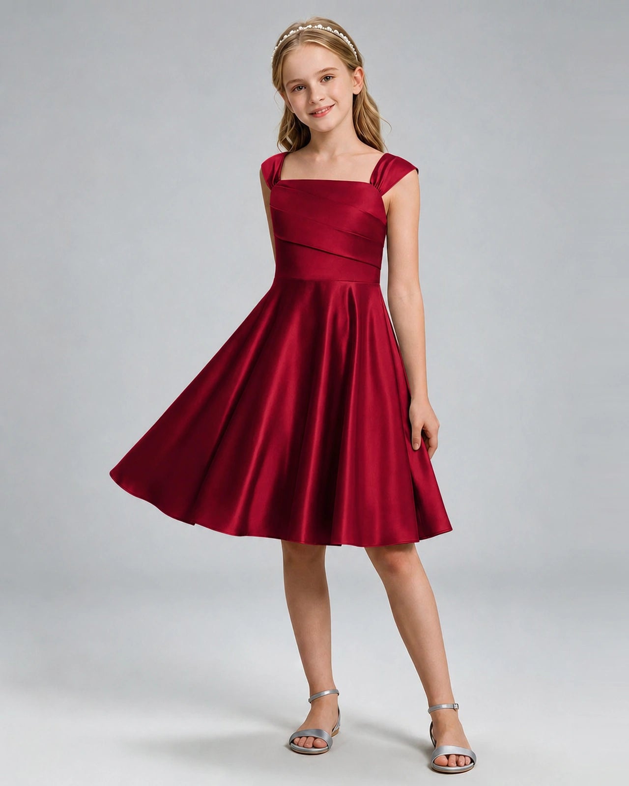 Burgundy Junior Bridesmaid Dress Cap Sleeve Diagonal Ruched Satin A-Line Knee-Length Gown Front Full View