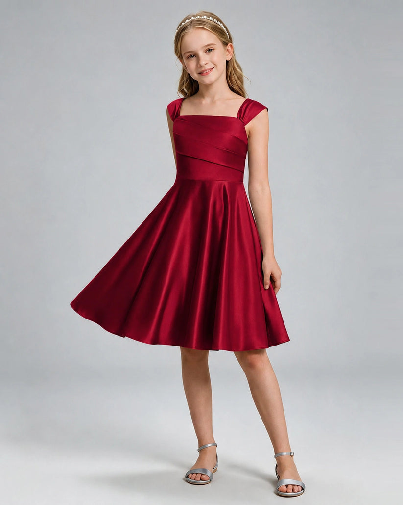 Burgundy Satin A-line Girls Formal Dress Front View