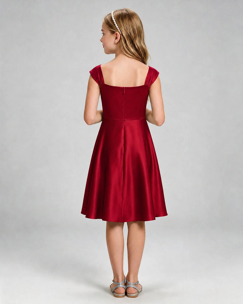 Burgundy Satin A-line Girls Formal Dress Back View