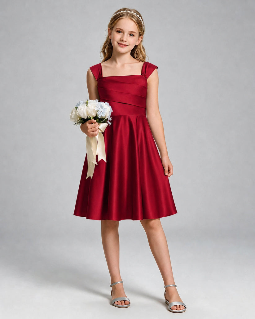 Burgundy Satin A-line Girls Formal Dress Front View