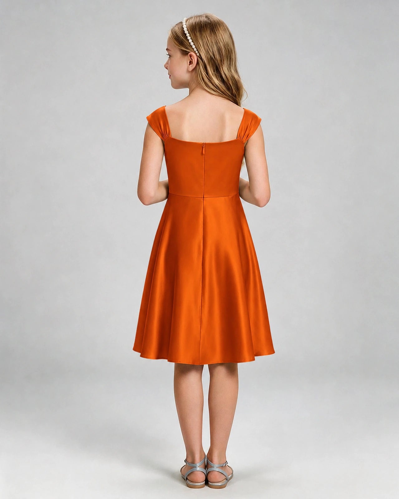Burnt Orange Junior Bridesmaid Dress Cap Sleeve Diagonal Ruched Satin A-Line Knee-Length Gown Back Full View