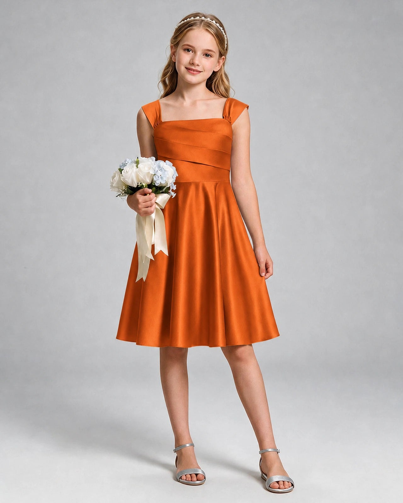 Burnt Orange Junior Bridesmaid Dress Cap Sleeve Diagonal Ruched Satin A-Line Knee-Length Gown Front Full View