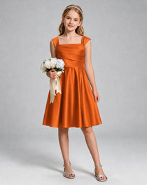 Burnt Orange Junior Bridesmaid Dress Cap Sleeve Diagonal Ruched Satin A-Line Knee-Length Gown Front Full View