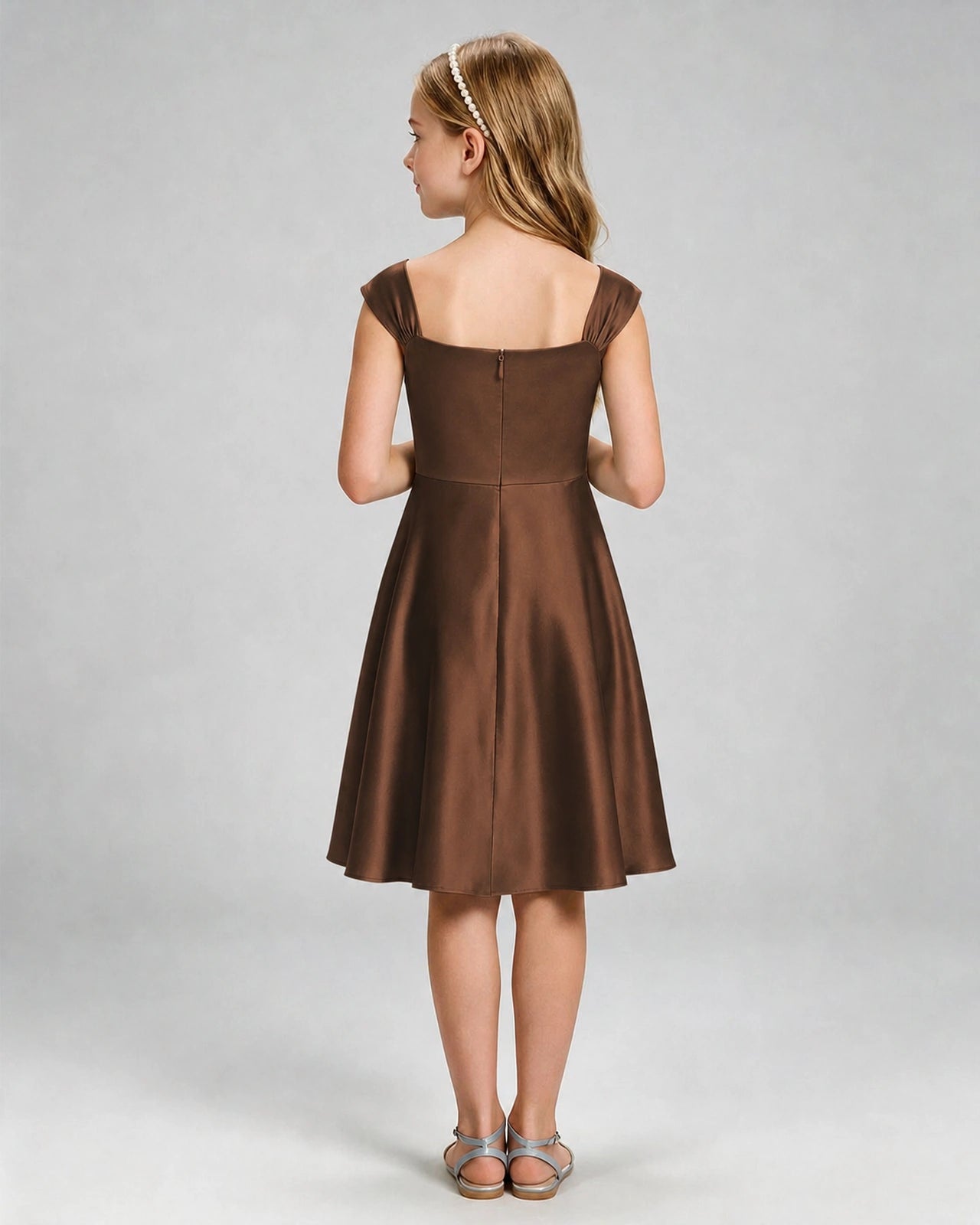 Chocolate Junior Bridesmaid Dress Cap Sleeve Diagonal Ruched Satin A-Line Knee-Length Gown Back Full View
