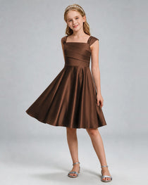 Chocolate Junior Bridesmaid Dress Cap Sleeve Diagonal Ruched Satin A-Line Knee-Length Gown Front Full View