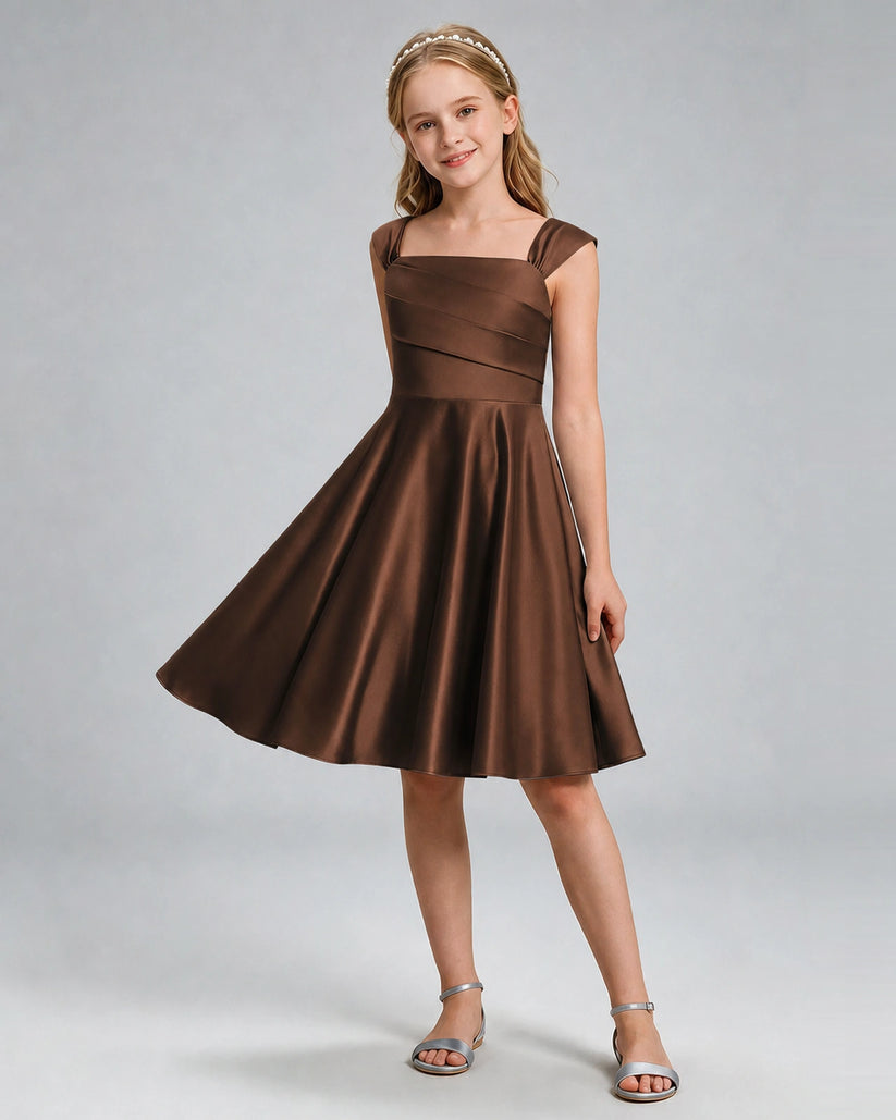 Chocolate Satin A-line Girls Formal Dress Front View
