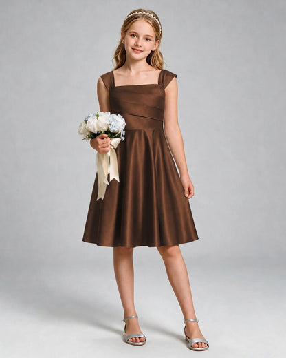 Chocolate Junior Bridesmaid Dress Cap Sleeve Diagonal Ruched Satin A-Line Knee-Length Gown Front Full View