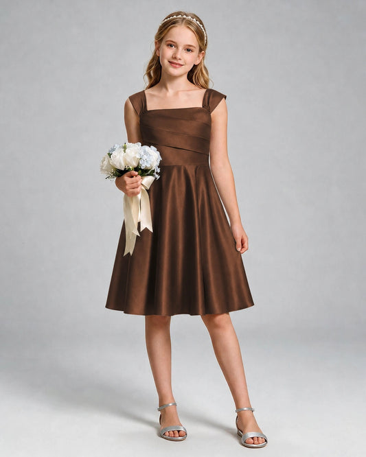 Chocolate Satin A-line Girls Formal Dress Front View