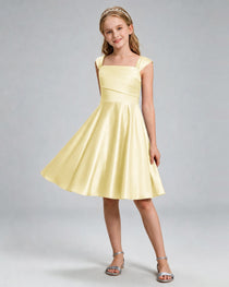 Daffodil Junior Bridesmaid Dress Cap Sleeve Diagonal Ruched Satin A-Line Knee-Length Gown Front Full View