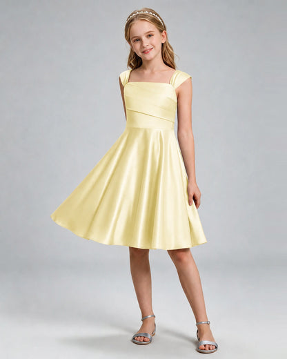 Daffodil Junior Bridesmaid Dress Cap Sleeve Diagonal Ruched Satin A-Line Knee-Length Gown Front Full View