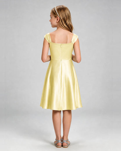 Daffodil Junior Bridesmaid Dress Cap Sleeve Diagonal Ruched Satin A-Line Knee-Length Gown Back Full View
