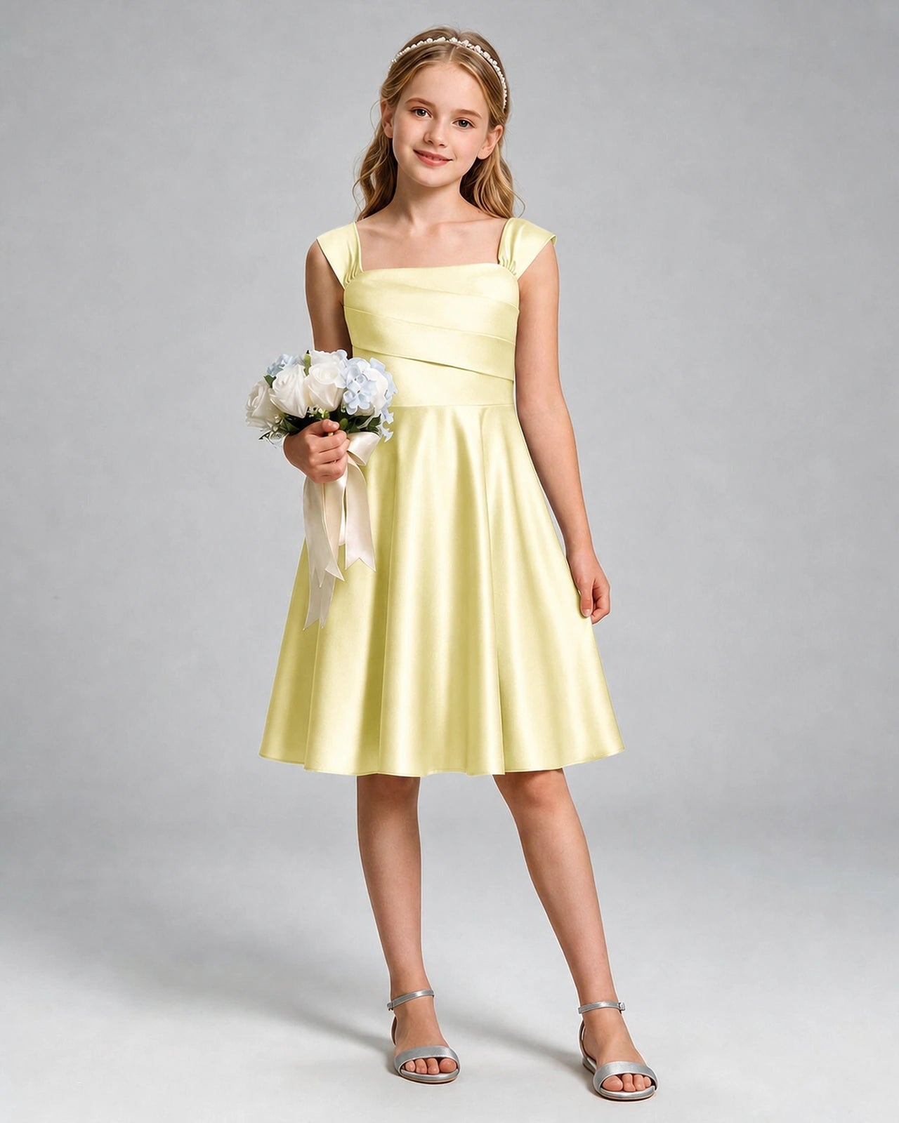Daffodil Junior Bridesmaid Dress Cap Sleeve Diagonal Ruched Satin A-Line Knee-Length Gown Front Full View