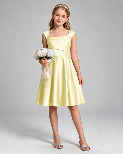 Daffodil Junior Bridesmaid Dress Cap Sleeve Diagonal Ruched Satin A-Line Knee-Length Gown Front Full View