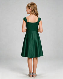 Dark Green Junior Bridesmaid Dress Cap Sleeve Diagonal Ruched Satin A-Line Knee-Length Gown Back Full View
