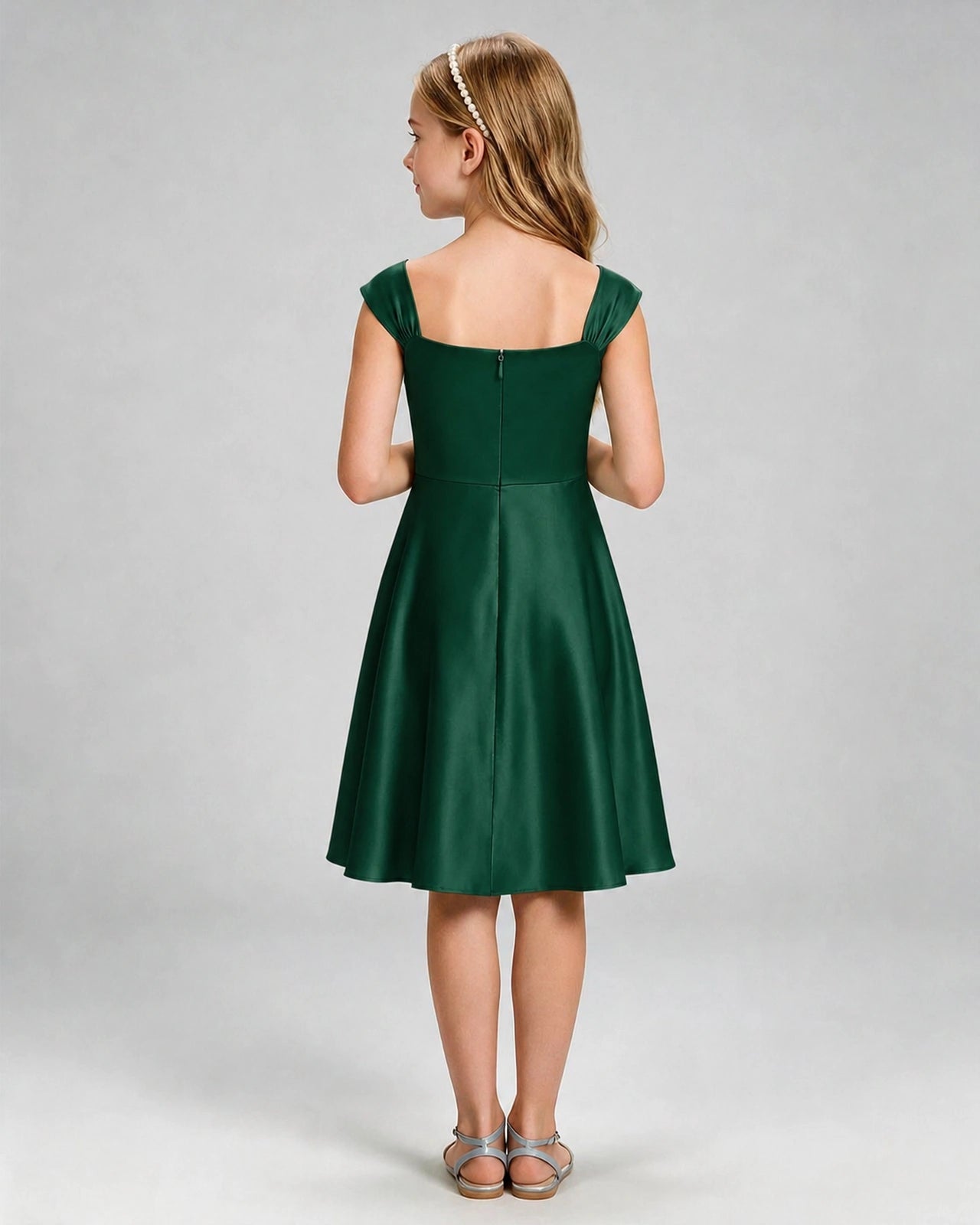 Dark Green Junior Bridesmaid Dress Cap Sleeve Diagonal Ruched Satin A-Line Knee-Length Gown Back Full View