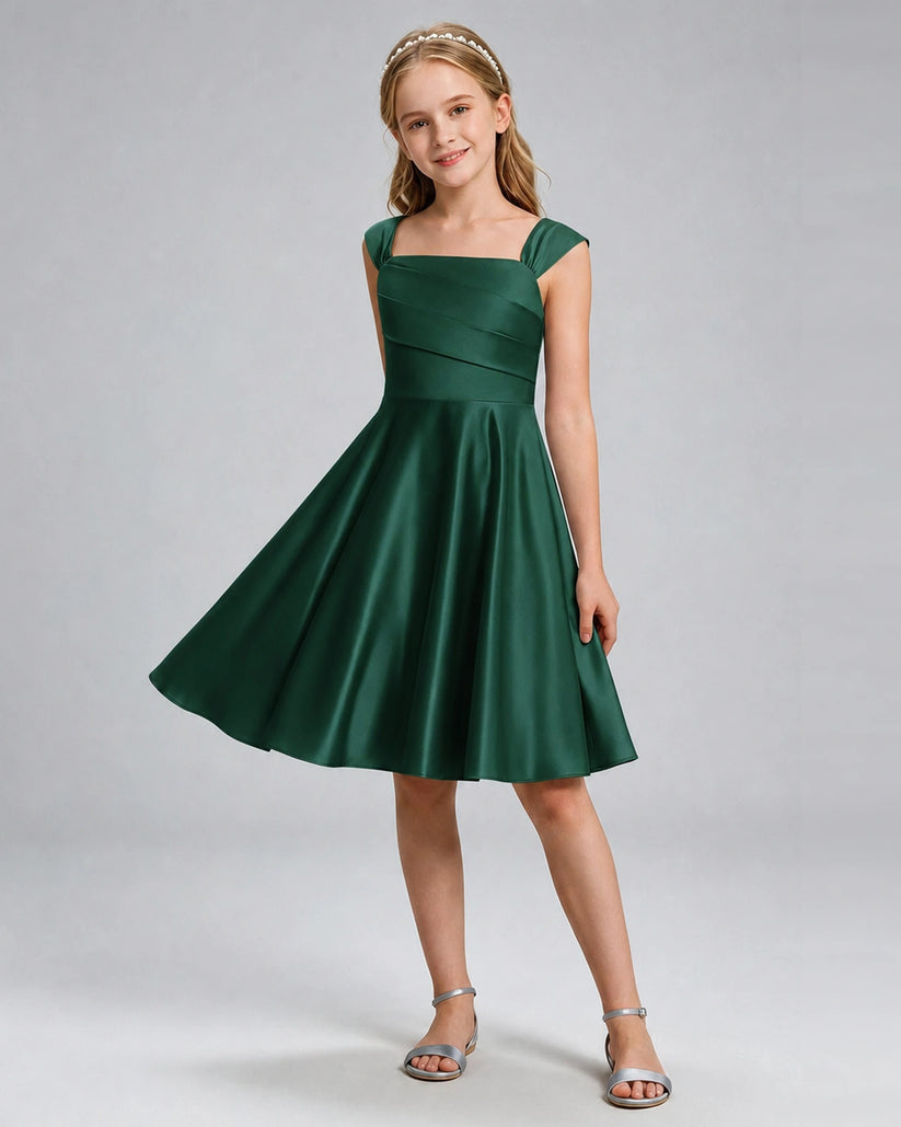 Dark Green Satin A-line Girls Formal Dress Front View