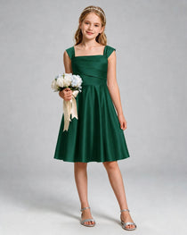 Dark Green Junior Bridesmaid Dress Cap Sleeve Diagonal Ruched Satin A-Line Knee-Length Gown Front Full View