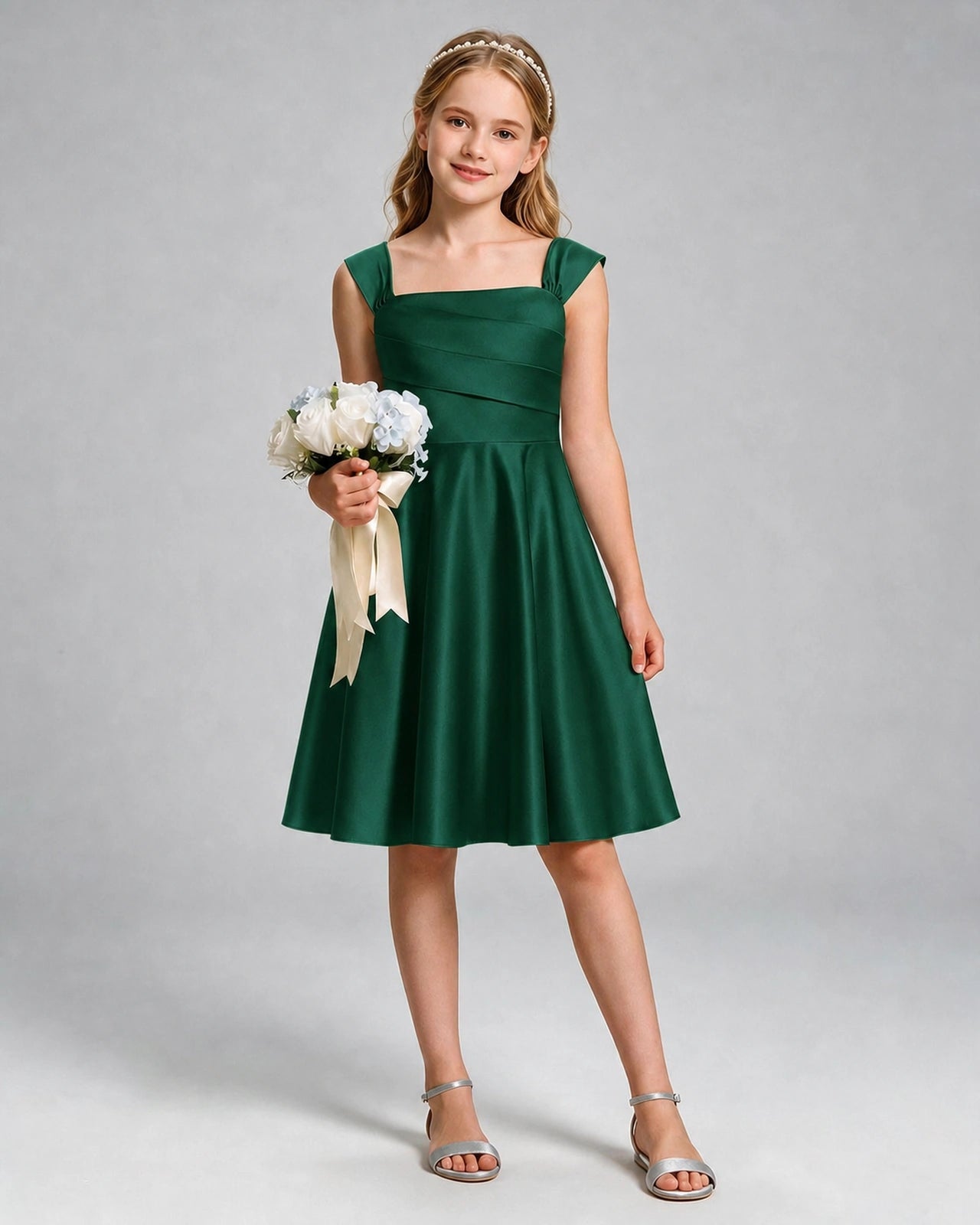 Dark Green Junior Bridesmaid Dress Cap Sleeve Diagonal Ruched Satin A-Line Knee-Length Gown Front Full View