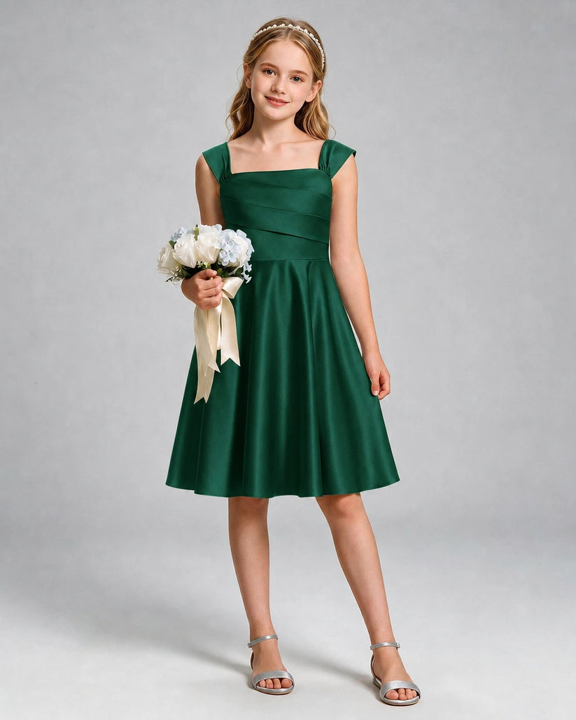 Dark Green Satin A-line Girls Formal Dress Front View