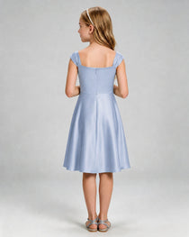 Dusty Blue Junior Bridesmaid Dress Cap Sleeve Diagonal Ruched Satin A-Line Knee-Length Gown Back Full View