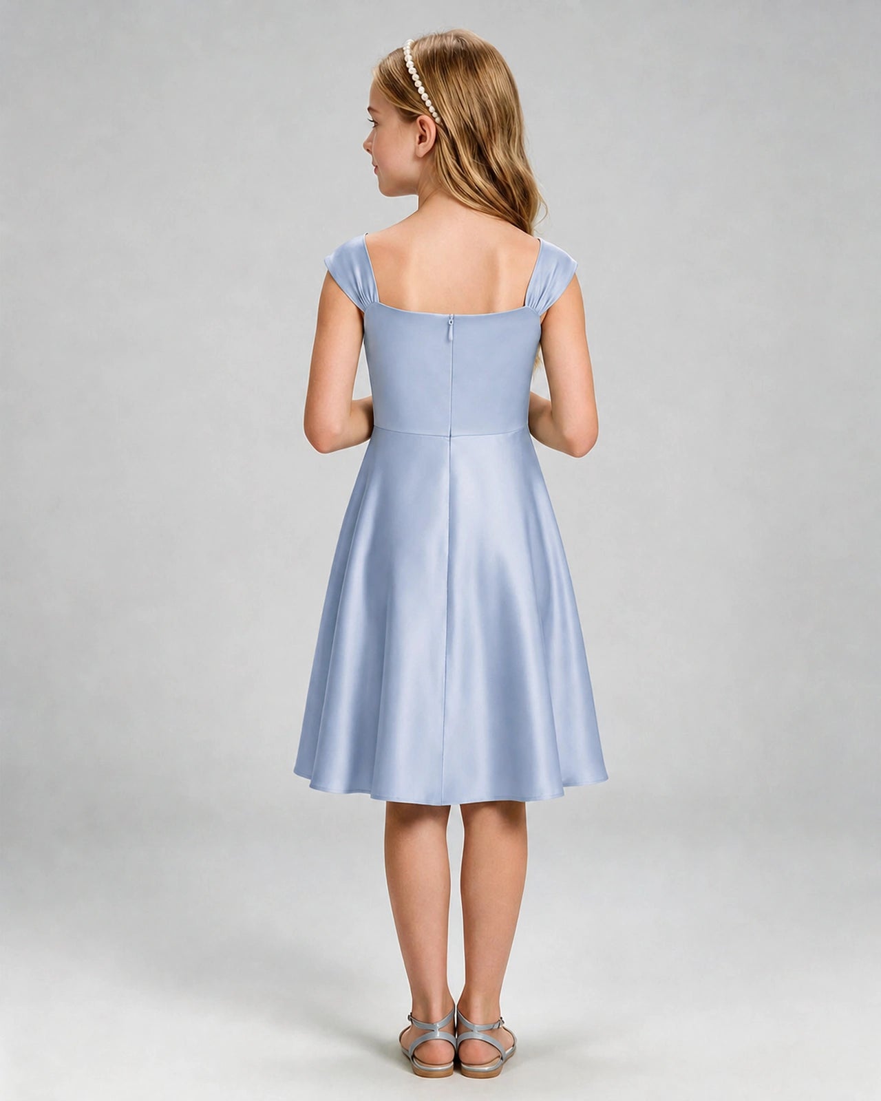 Dusty Blue Junior Bridesmaid Dress Cap Sleeve Diagonal Ruched Satin A-Line Knee-Length Gown Back Full View