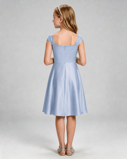 Dusty Blue Junior Bridesmaid Dress Cap Sleeve Diagonal Ruched Satin A-Line Knee-Length Gown Back Full View