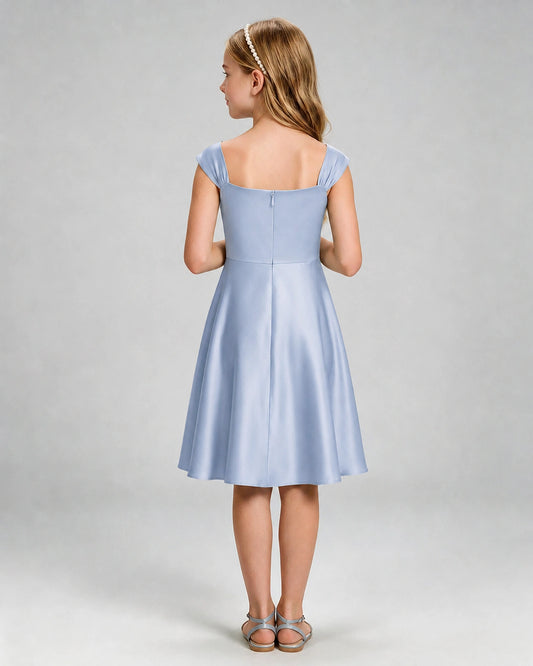 Dusty Blue Satin A-line Girls Formal Dress Back View
