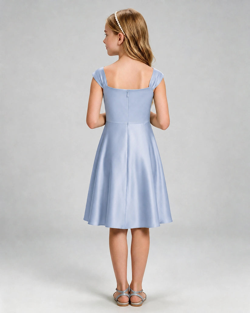 Dusty Blue Satin A-line Girls Formal Dress Back View