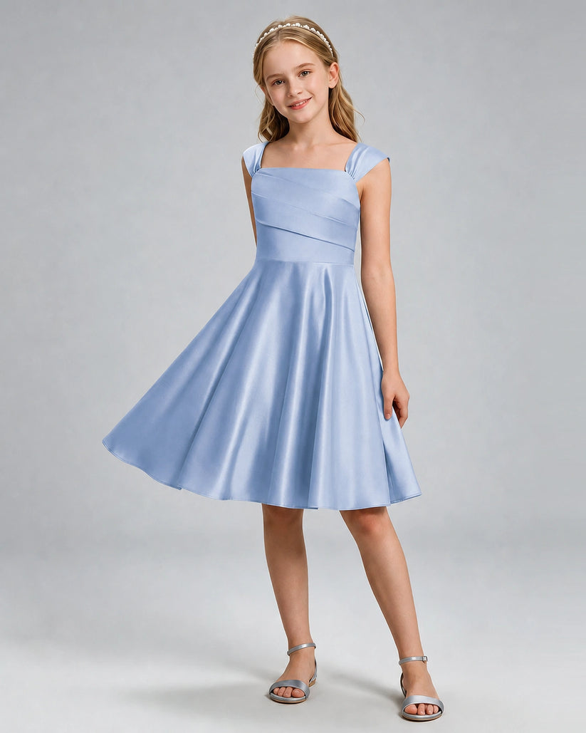 Dusty Blue Satin A-line Girls Formal Dress Front View
