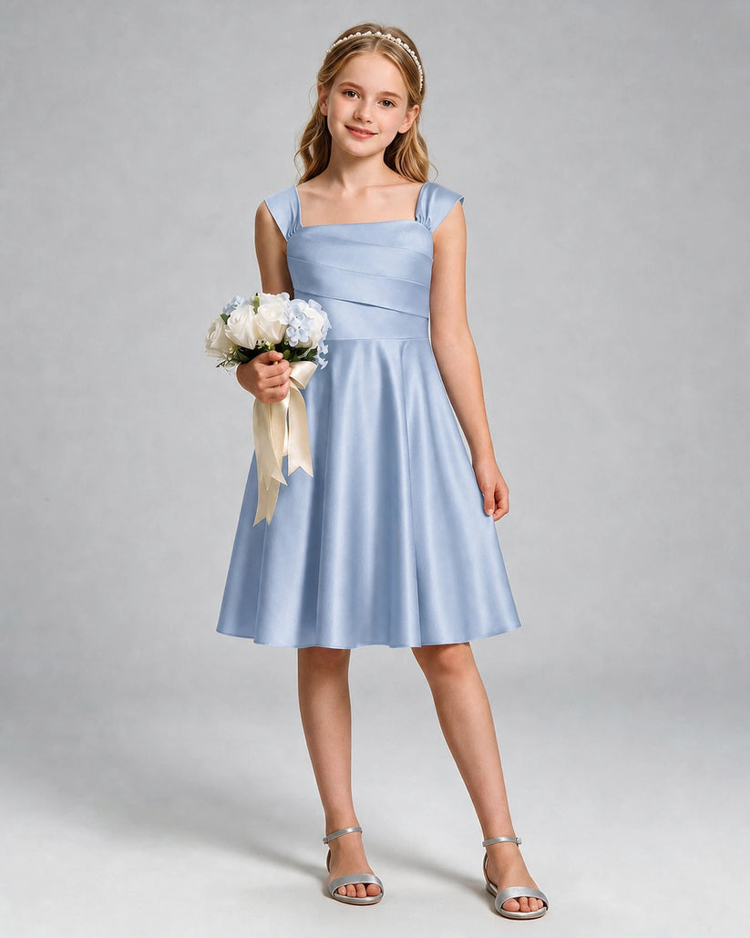 Dusty Blue Satin A-line Girls Formal Dress Front View