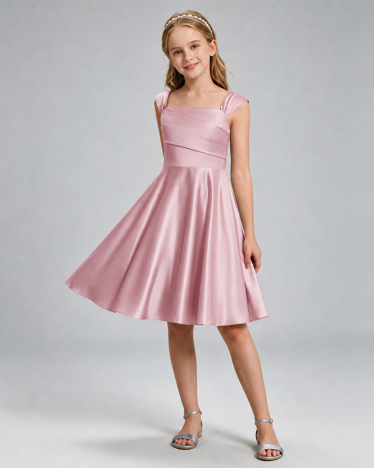 Dusty Rose Junior Bridesmaid Dress Cap Sleeve Diagonal Ruched Satin A-Line Knee-Length Gown Front Full View