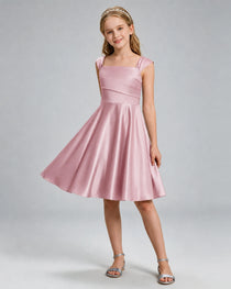 Dusty Rose Junior Bridesmaid Dress Cap Sleeve Diagonal Ruched Satin A-Line Knee-Length Gown Front Full View