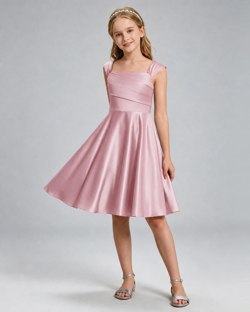 Dusty Rose Satin A-line Girls Formal Dress Front View