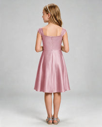 Dusty Rose Junior Bridesmaid Dress Cap Sleeve Diagonal Ruched Satin A-Line Knee-Length Gown Back Full View
