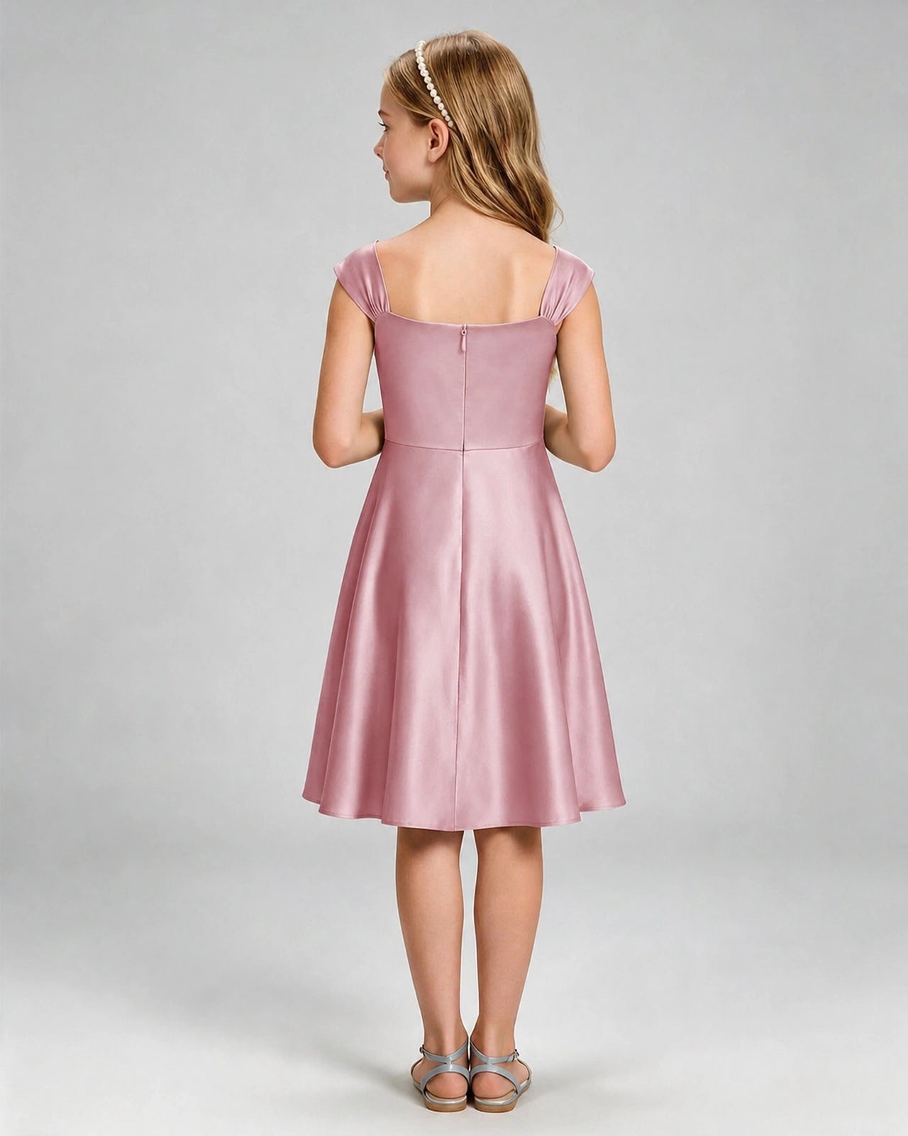 Dusty Rose Junior Bridesmaid Dress Cap Sleeve Diagonal Ruched Satin A-Line Knee-Length Gown Back Full View