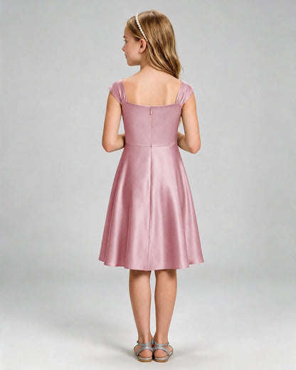 Dusty Rose Junior Bridesmaid Dress Cap Sleeve Diagonal Ruched Satin A-Line Knee-Length Gown Back Full View
