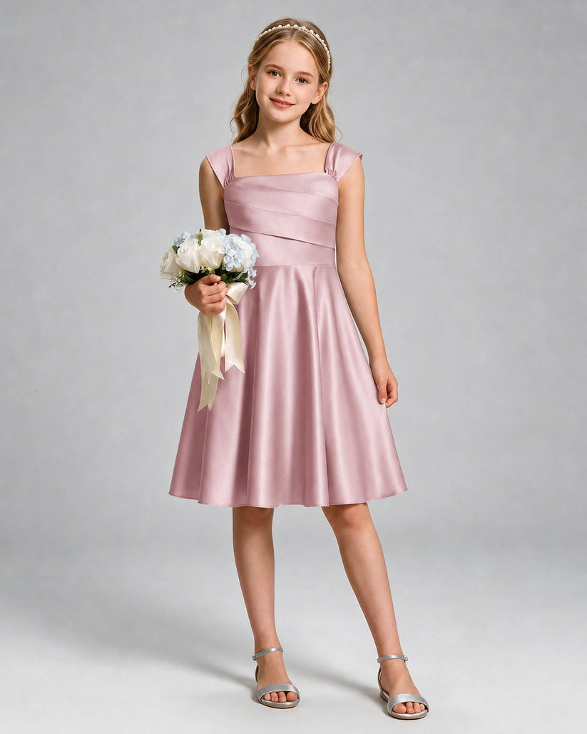 Dusty Rose Satin A-line Girls Formal Dress Front View