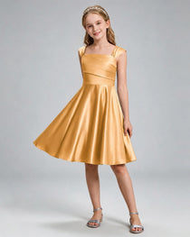 Gold Junior Bridesmaid Dress Cap Sleeve Diagonal Ruched Satin A-Line Knee-Length Gown Front Full View