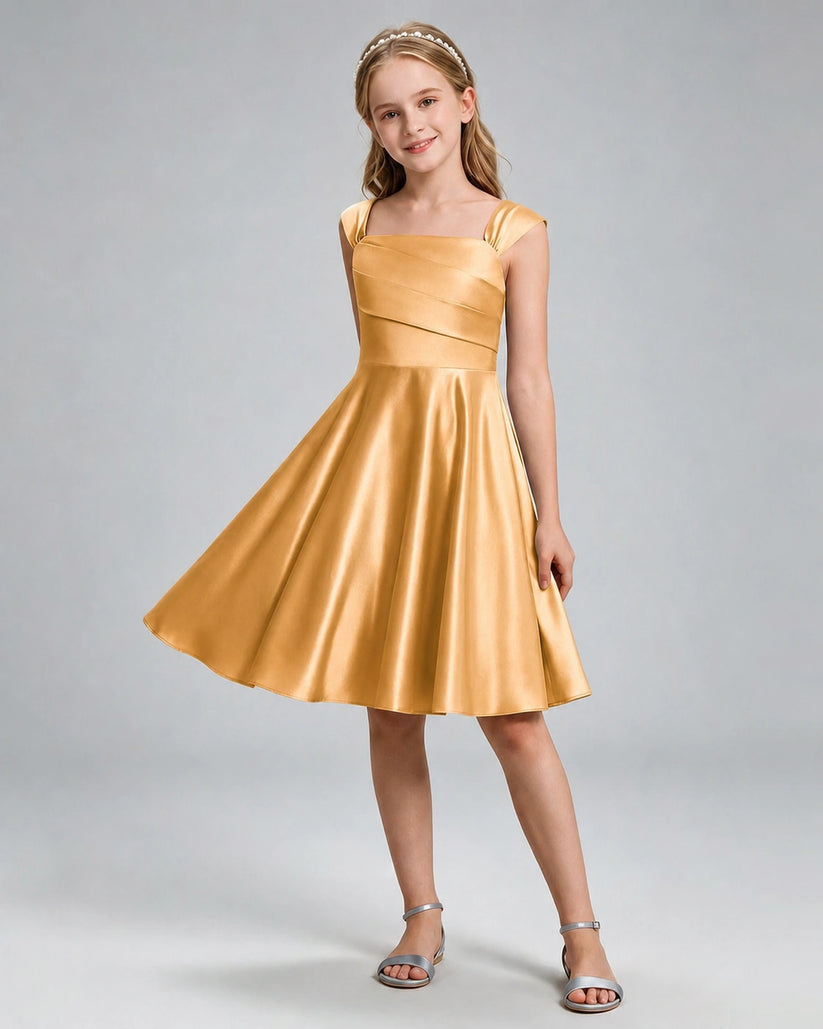 Gold Satin A-line Girls Formal Dress Front View