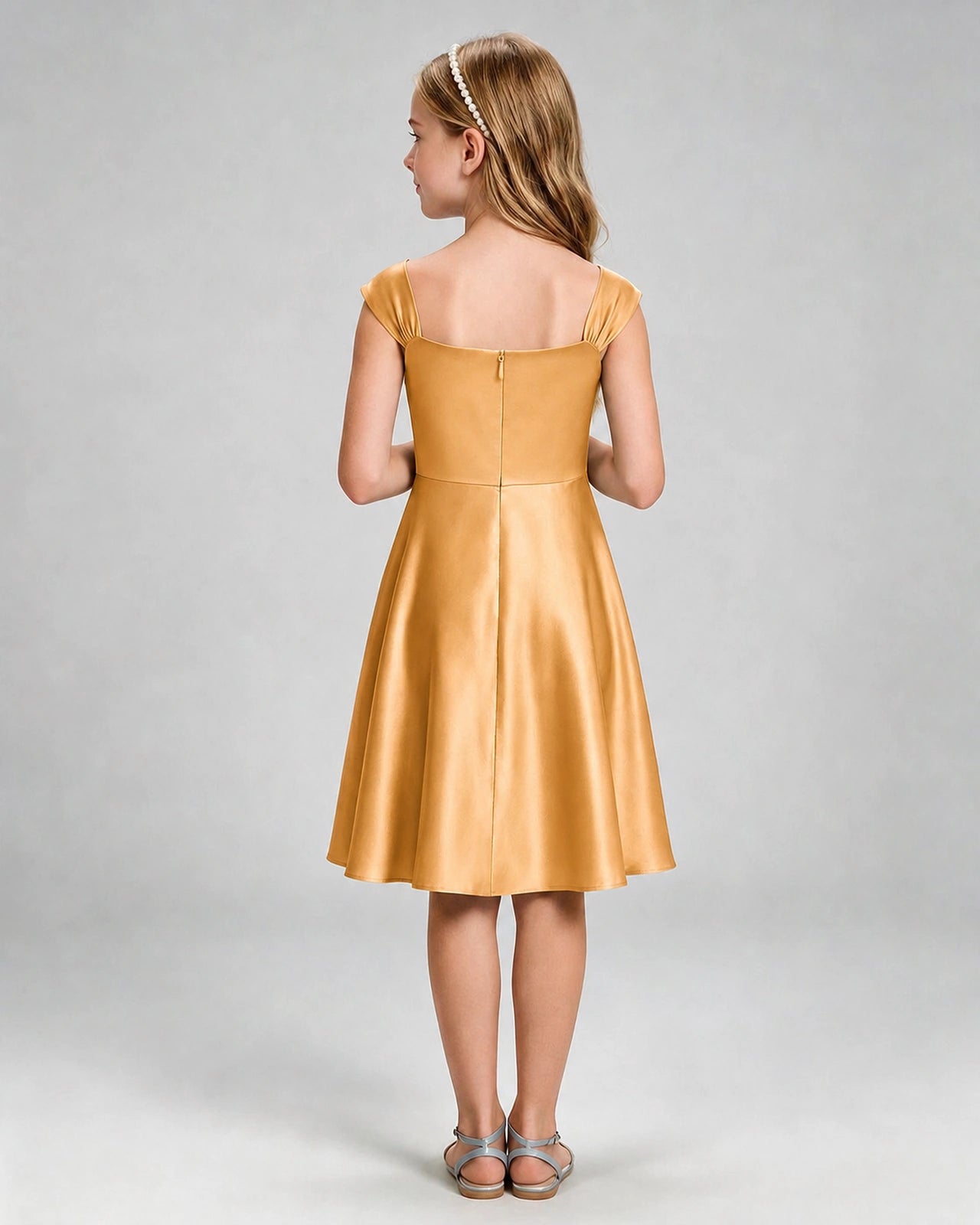 Gold Junior Bridesmaid Dress Cap Sleeve Diagonal Ruched Satin A-Line Knee-Length Gown Back Full View